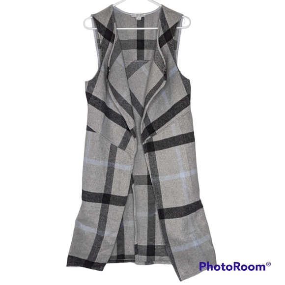 Favlux Long Plaid Vest Women's Size S Gray Blue Black Open Front With Pockets - Picture 11 of 11